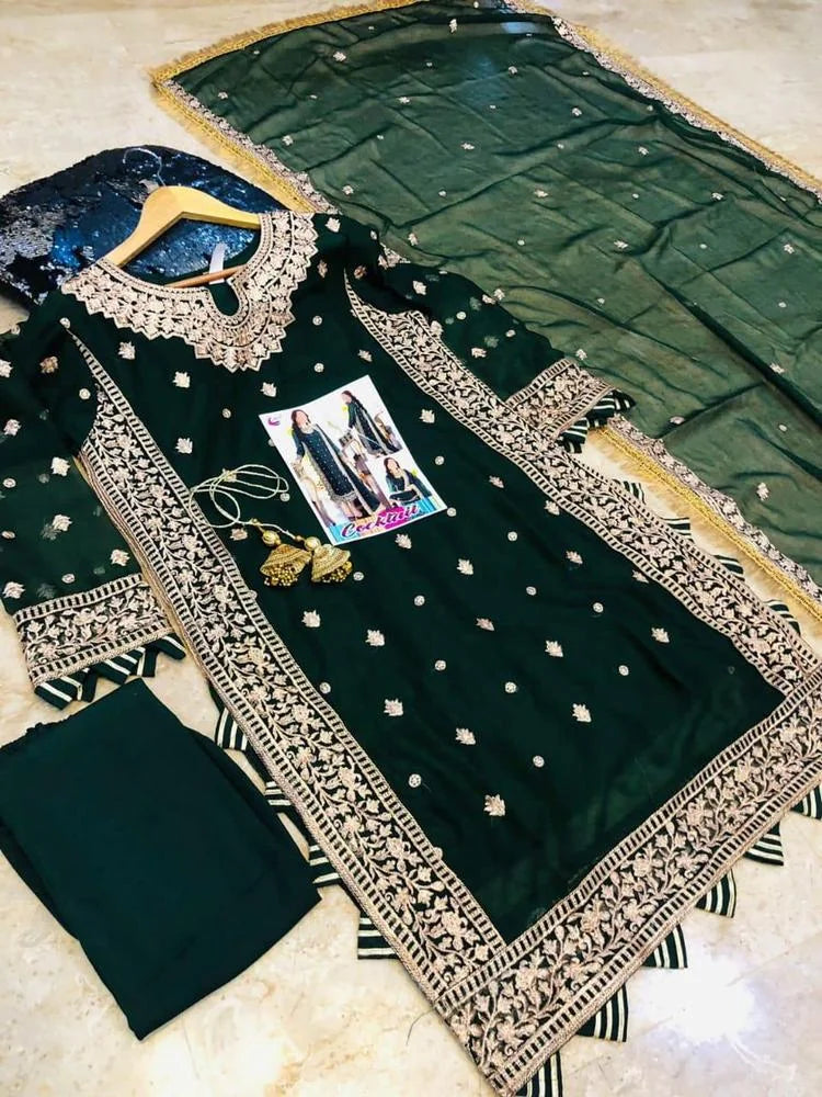 3 Pcs Women’s Stitched Crinkle Chiffon Embroidered Suit