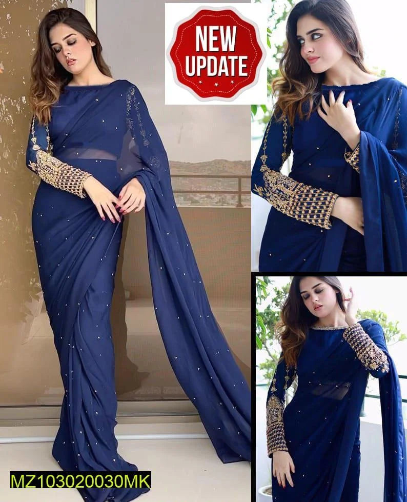 3 Pcs Women’s Stitched Chiffon Sequins Embroidered Saree