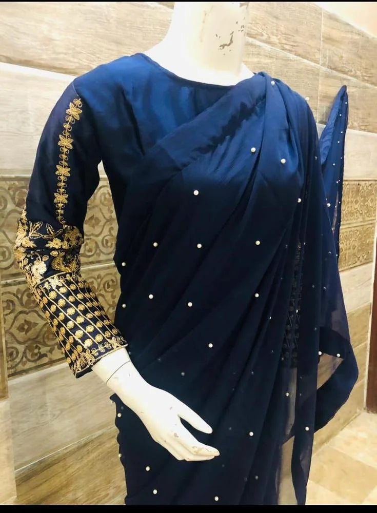 3 Pcs Women’s Stitched Chiffon Sequins Embroidered Saree