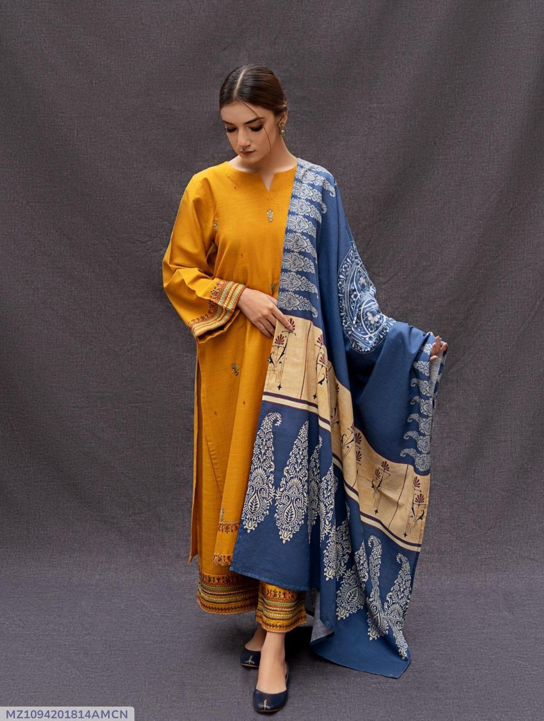 Unstitched 3-Piece Dhanak Wool Suit Mustard Blue