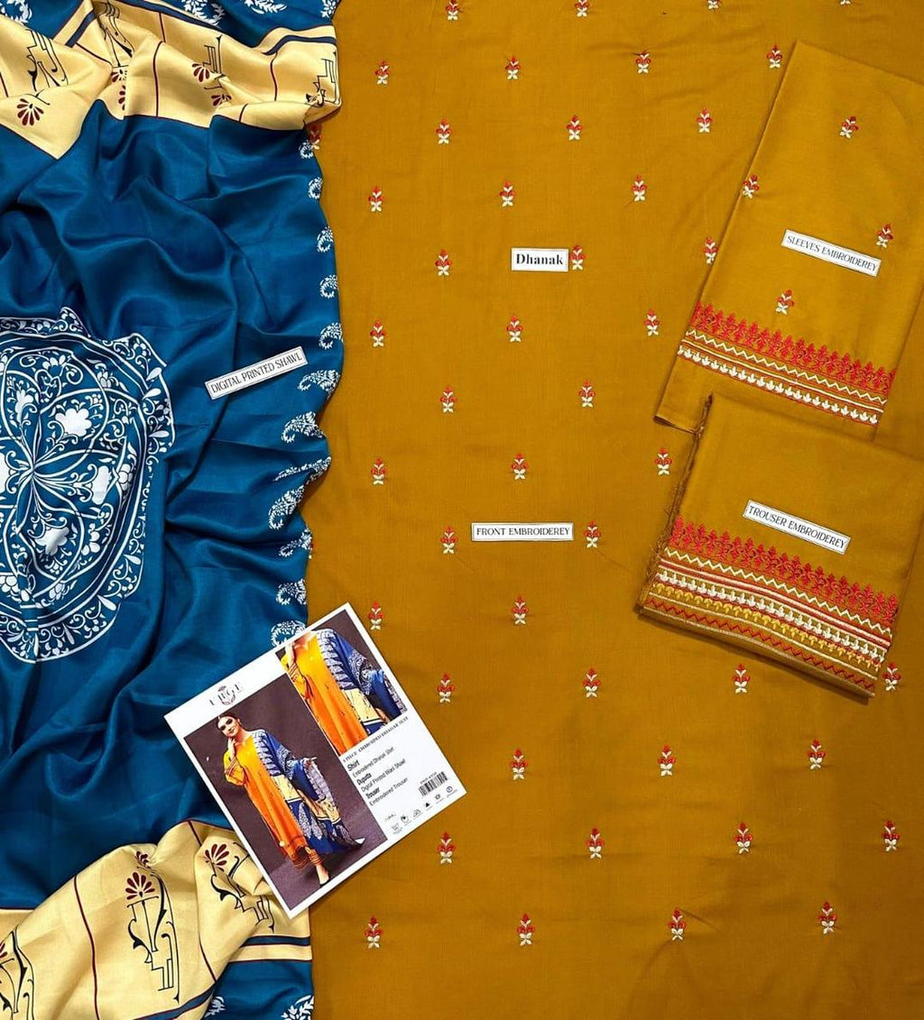 Unstitched 3-Piece Dhanak Wool Suit Mustard Blue