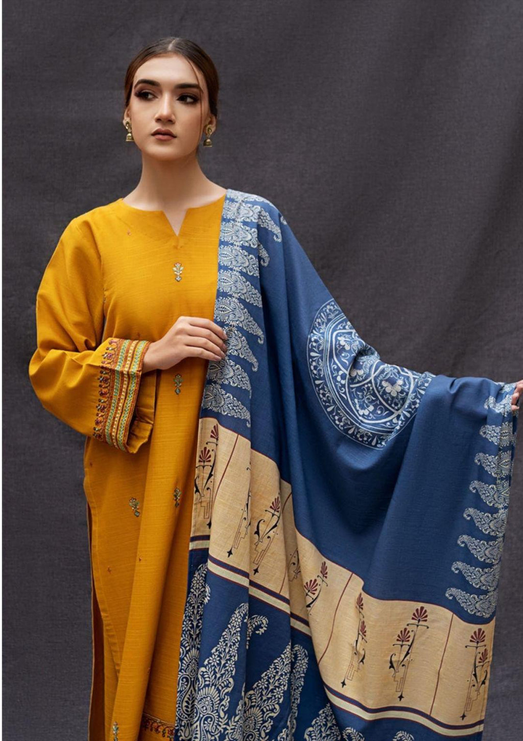 Unstitched 3-Piece Dhanak Wool Suit Mustard Blue