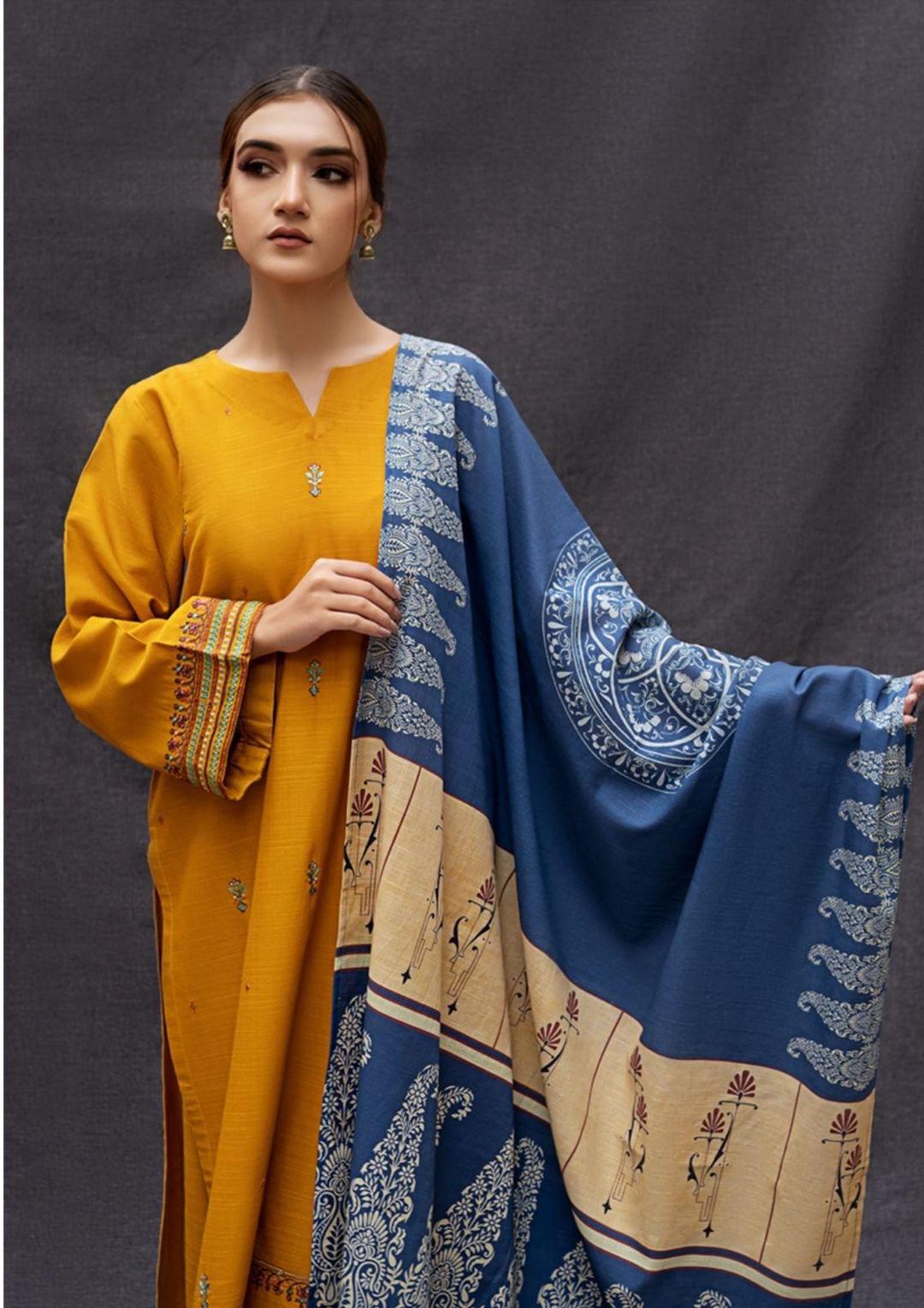 Unstitched 3-Piece Dhanak Wool Suit Mustard Blue