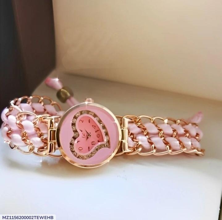 Women's Pink Heart Watch with Rose Gold Chain Strap