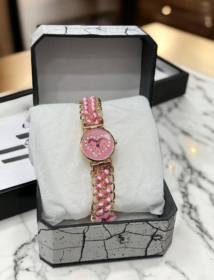 Women's Pink Heart Watch with Rose Gold Chain Strap