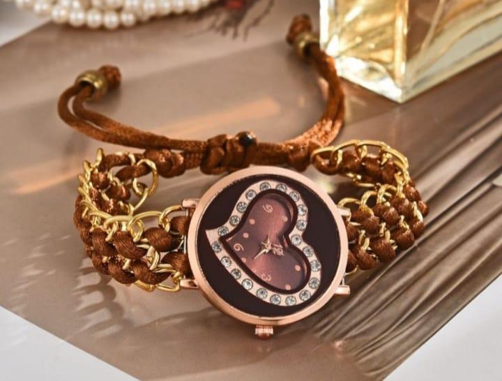 Women's Heart Dial Bracewatch Brown Leather Strap Stainless Steel
