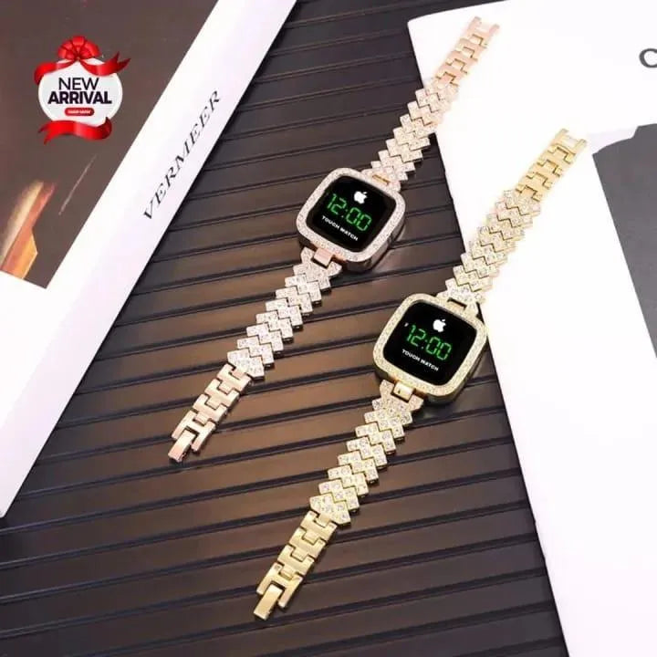 Women Square Digital Touch Watch with Diamond Chain Strap