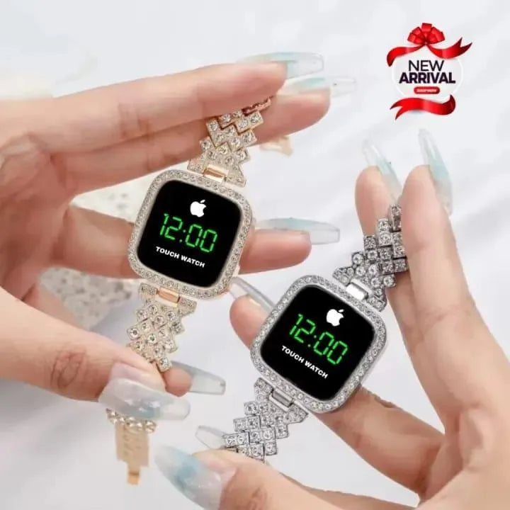 Women Square Digital Touch Watch with Diamond Chain Strap