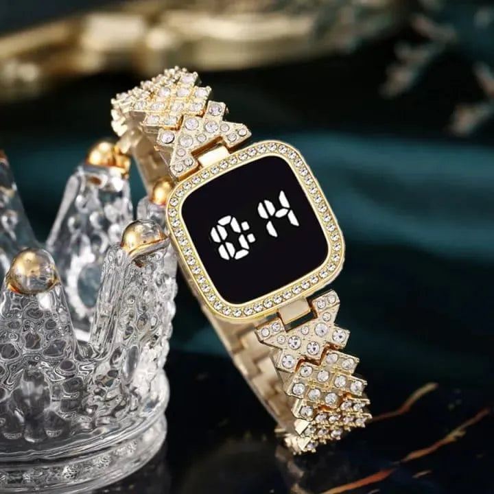 Women Square Digital Touch Watch with Diamond Chain Strap