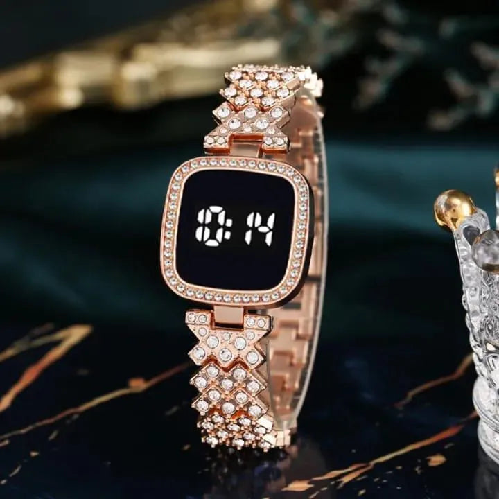 Women Square Digital Touch Watch with Diamond Chain Strap