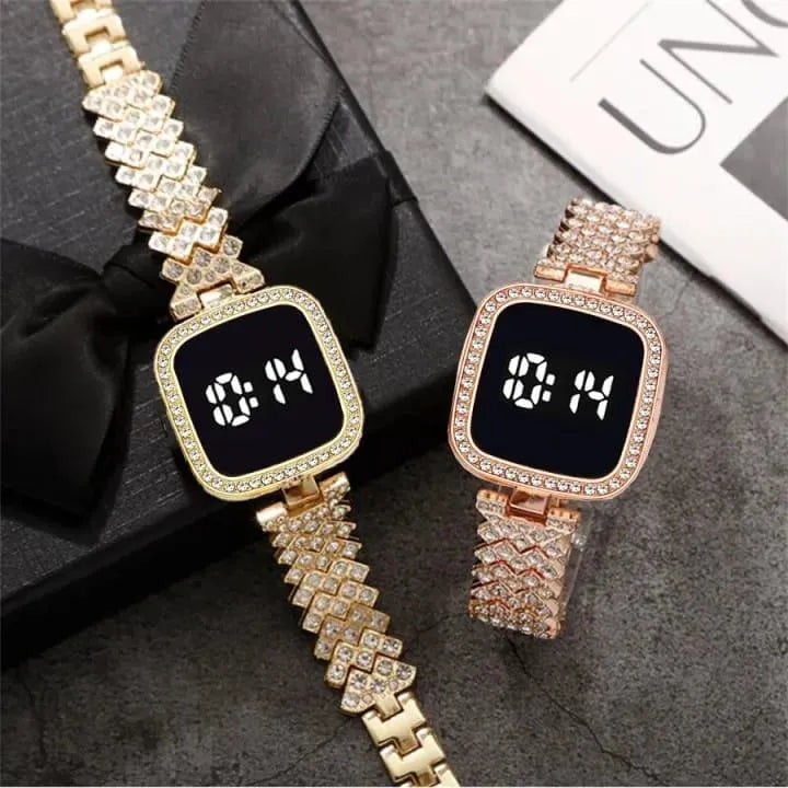 Women Square Digital Touch Watch with Diamond Chain Strap