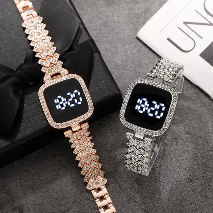 Women Square Digital Touch Watch with Diamond Chain Strap