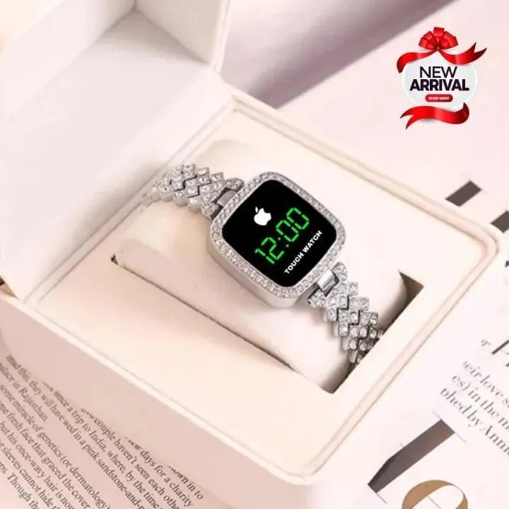 Women Square Digital Touch Watch with Diamond Chain Strap