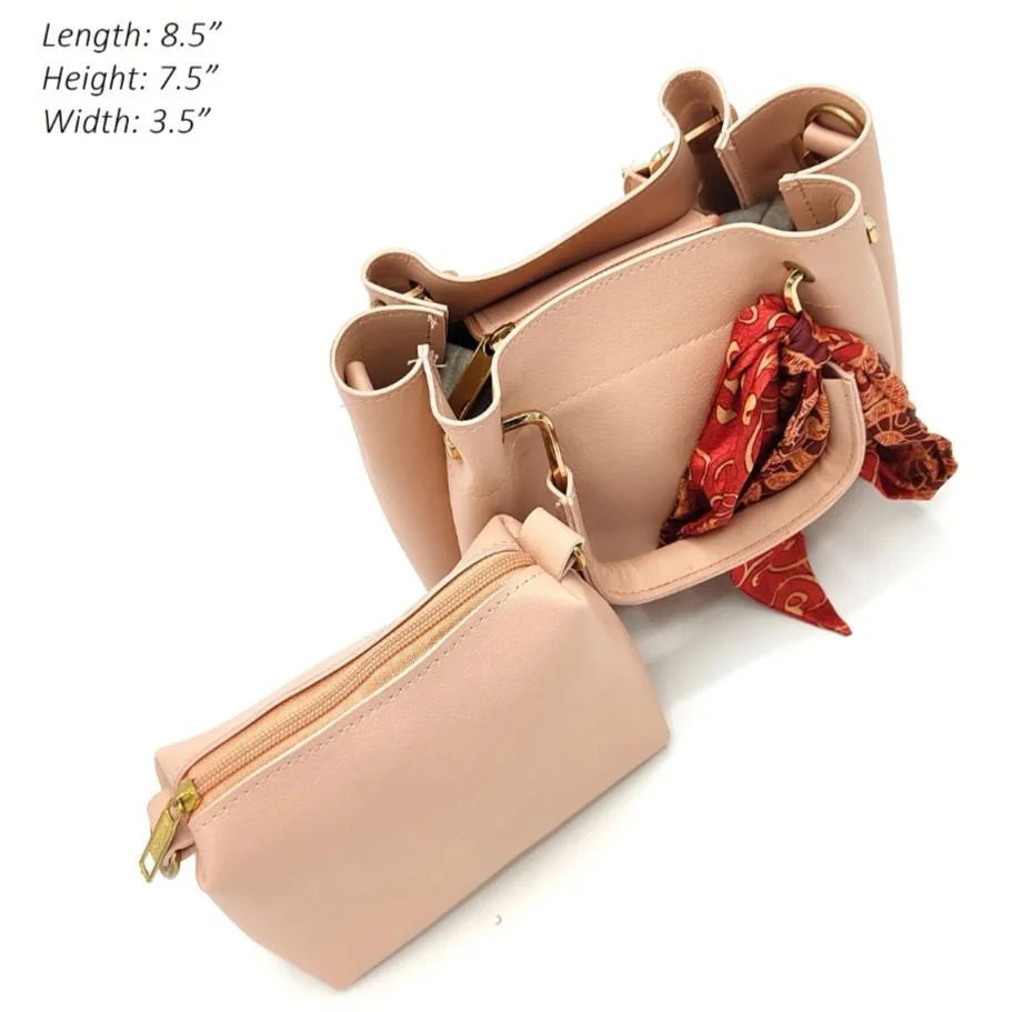 Pink PU Leather Crossbody Bag Set with Red Scarf