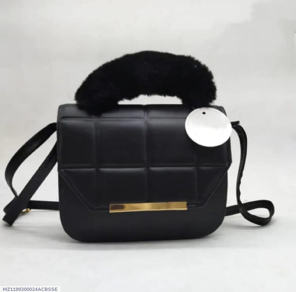 Black Rexine Crossbody Bag with Faux Fur Handle for Girls