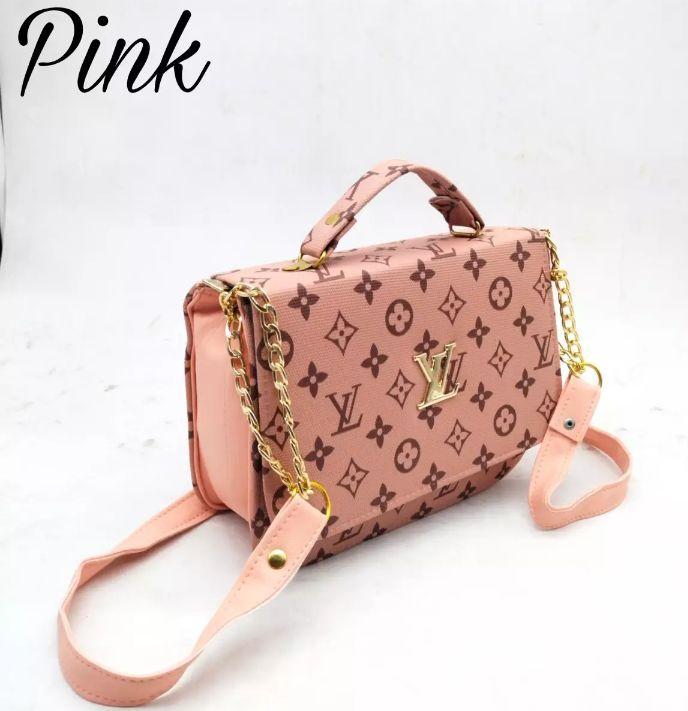 Pink Printed Crossbody Bag for Girls with Gold Chain Strap