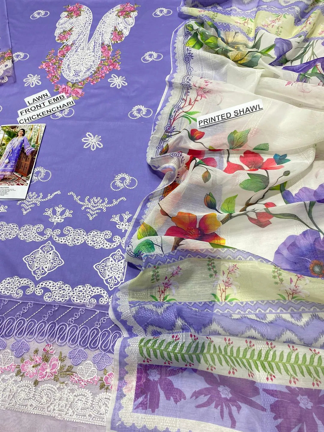 Unstitched Lawn Embroidered Purple Suit with Patchwork Daman