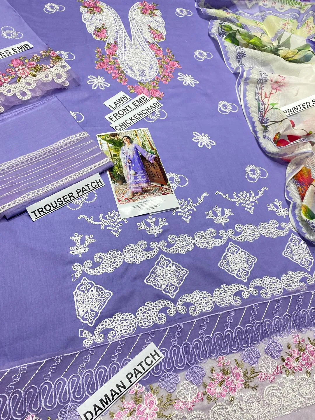 Unstitched Lawn Embroidered Purple Suit with Patchwork Daman