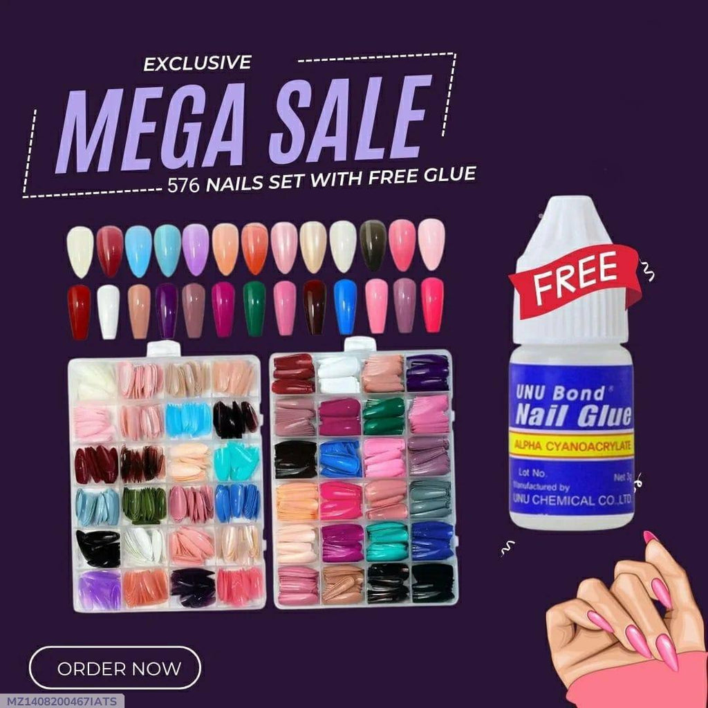 576 Pcs ABS Fake Nails with Glue Set