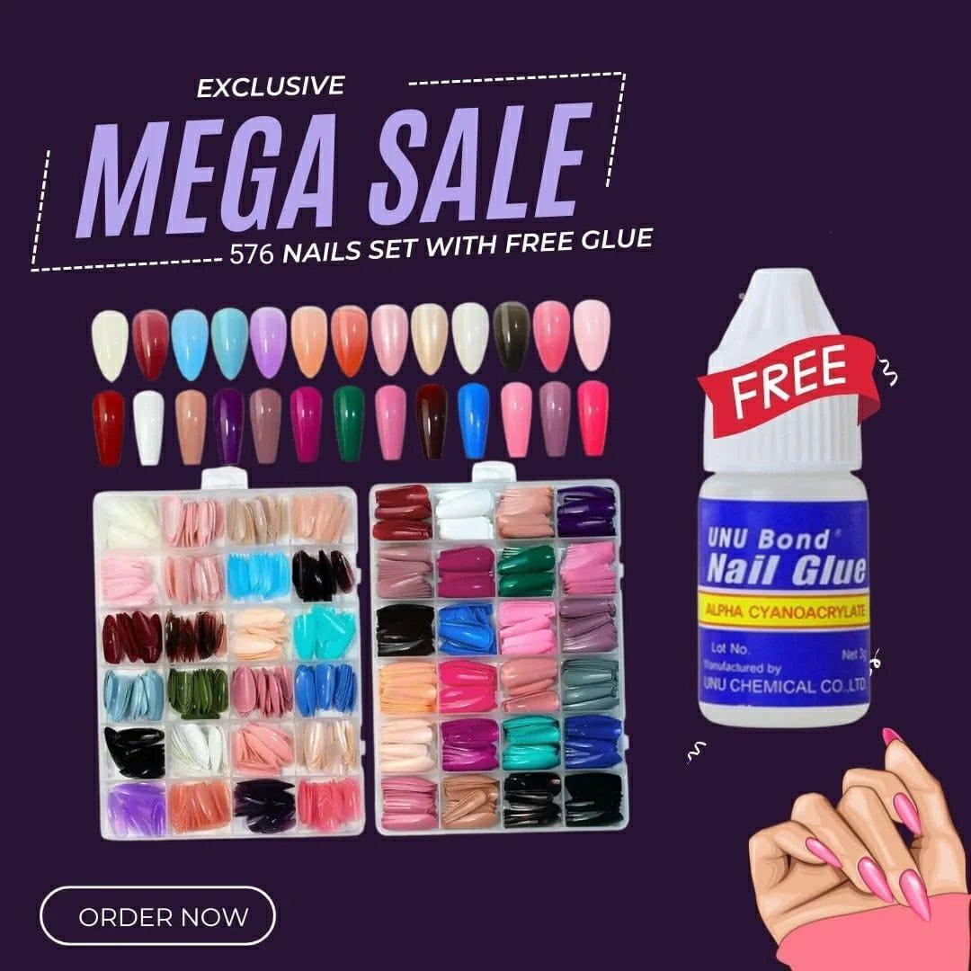 576 Pcs ABS Fake Nails with Glue Set