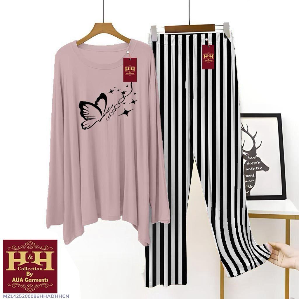 Women Printed Night Suit Pink Striped Trouser Set