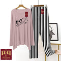 Women Printed Night Suit Pink Striped Trouser Set