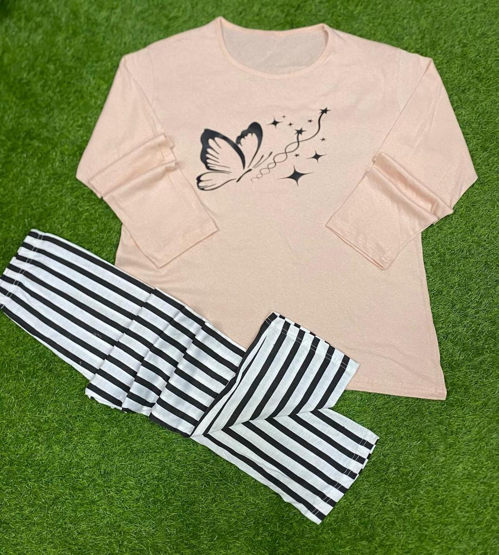 Women Printed Night Suit Pink Striped Trouser Set