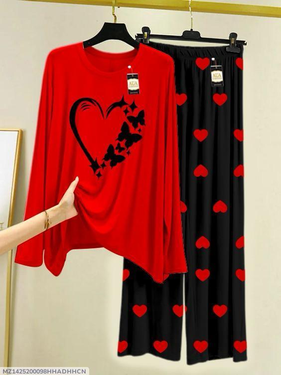 Pakistani Night Suit 2-Piece Cotton Jersey Red Heart Print