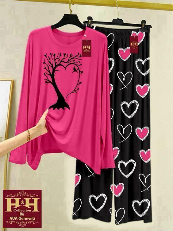 Women Night Suit Pink Tree Print Heart Patterned Black Trouser