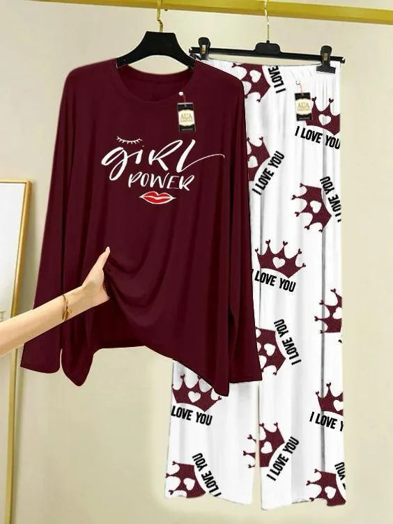 Women Printed Night Suit Brown Jersey 2 Pcs