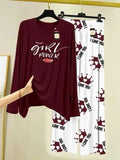 Women Printed Night Suit Brown Jersey 2 Pcs