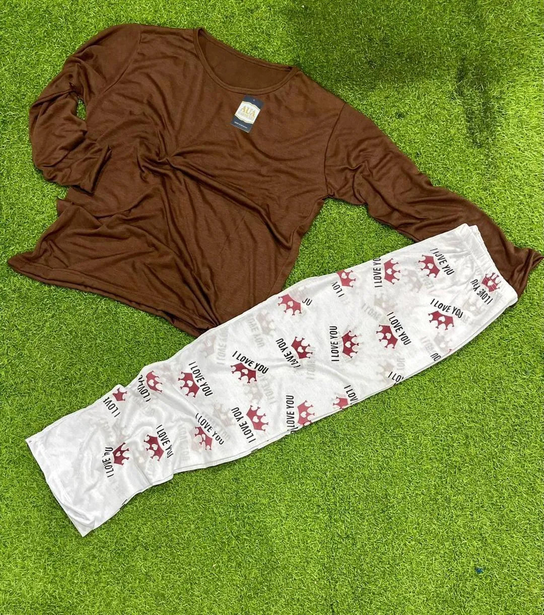 Women Printed Night Suit Brown Jersey 2 Pcs