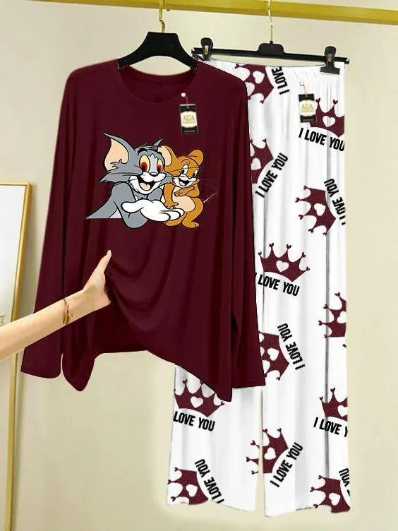 Tom and Jerry Printed Night Suit Maroon White 2Pc
