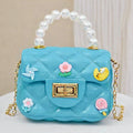 Blue Quilted Mini Crossbody Bag with Pearl Handle & 3D Decorations