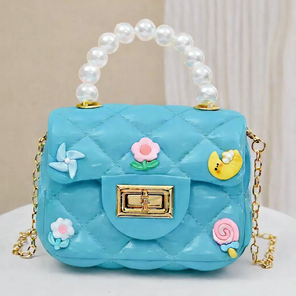 Blue Quilted Mini Crossbody Bag with Pearl Handle & 3D Decorations