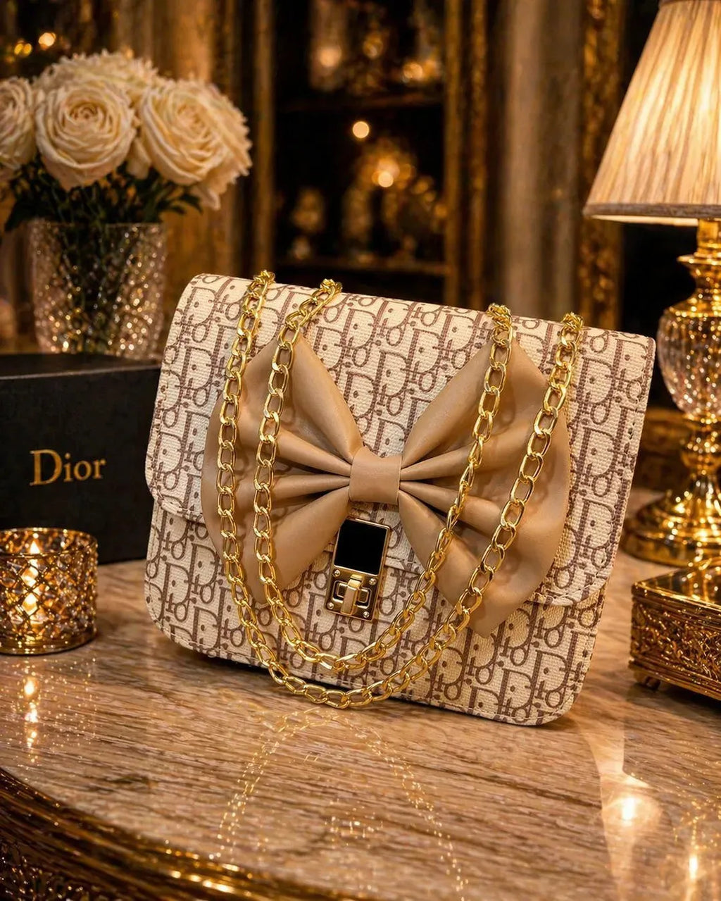 Dior Style Leather Chain Crossbody Bag White 3cm