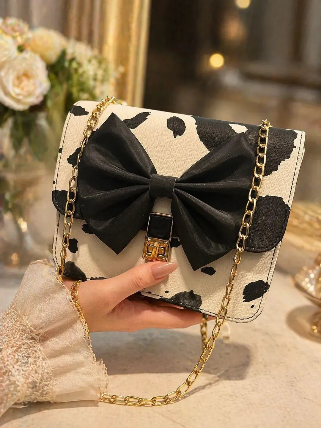 Black Bow Crossbody Bag for Girls Leather 3cm