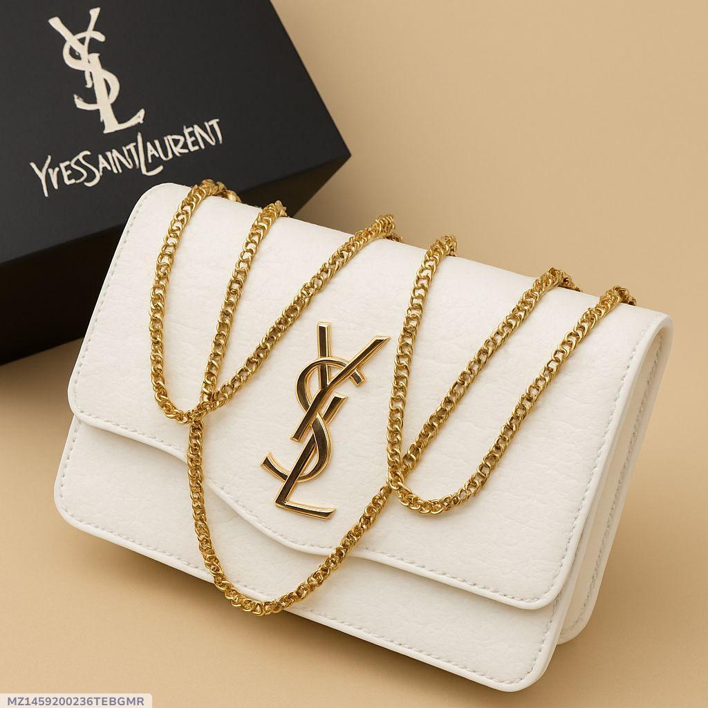White Crossbody Bag with Gold Chain Strap for Women