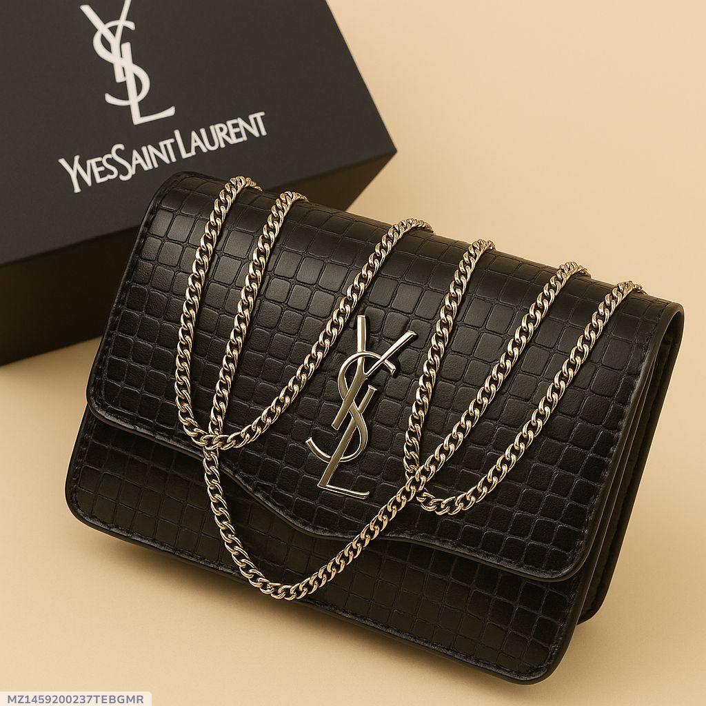 Black Rexine Crossbody Bag with Gold Chain Strap
