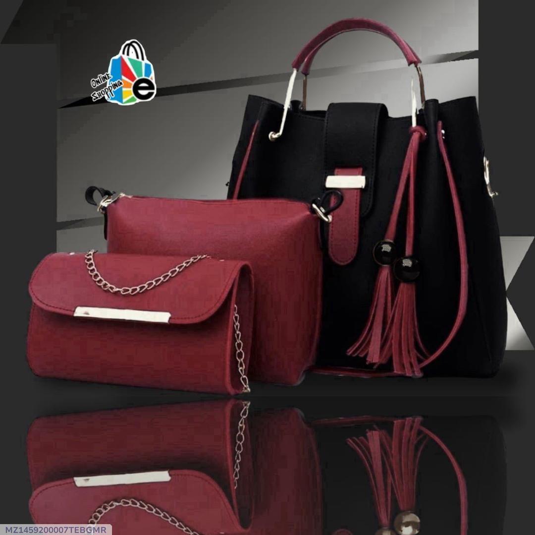 3-Piece Leather Handbag Set Maroon Black Tote Clutch