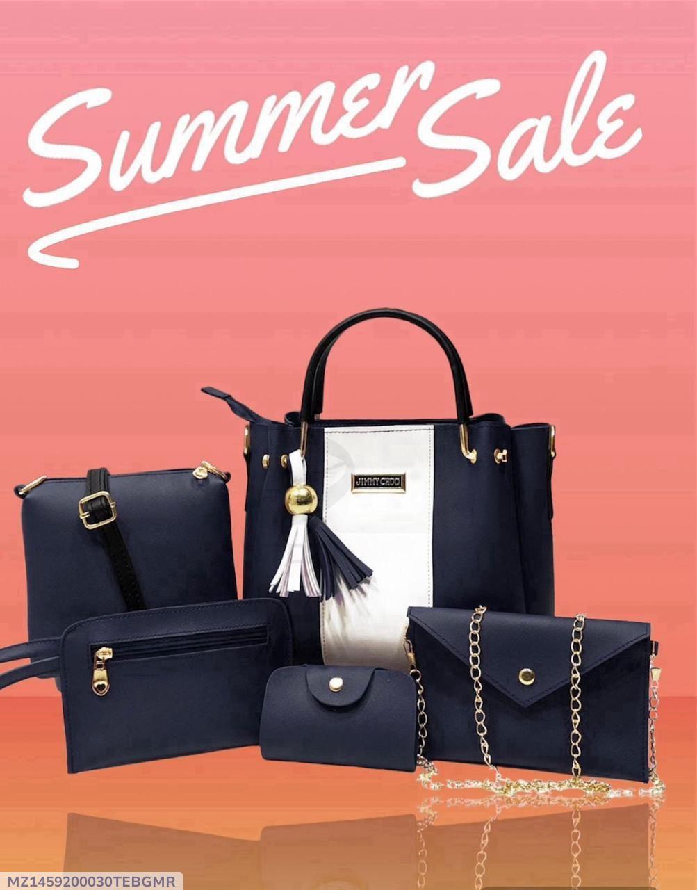 5-Piece Rexine Handbag Set Blue Gold Hardware for Women