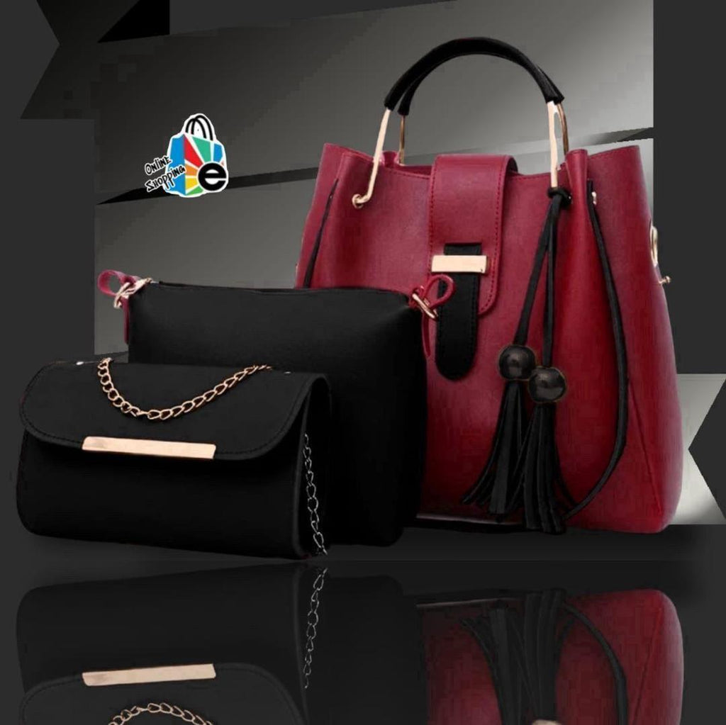 3-Piece Rexine Handbag Set Maroon Black Gold Hardware