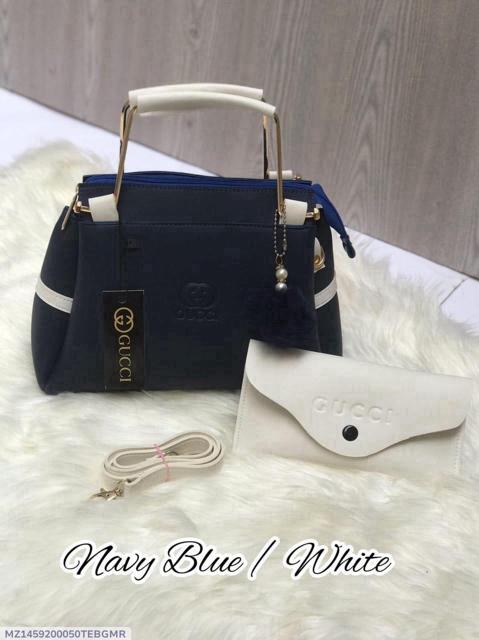 Navy Blue Rexine Handbag Set with Pouch