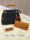 Navy Blue & Yellow Rexine Handbag & Wallet Set