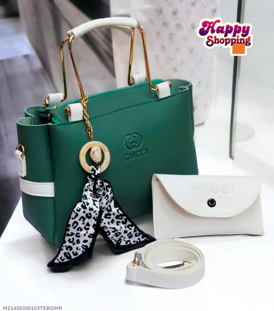 Green Rexine Handbag with White Strap & Pouch