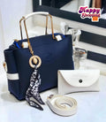 Blue Rexine Handbag with White Strap & Pouch