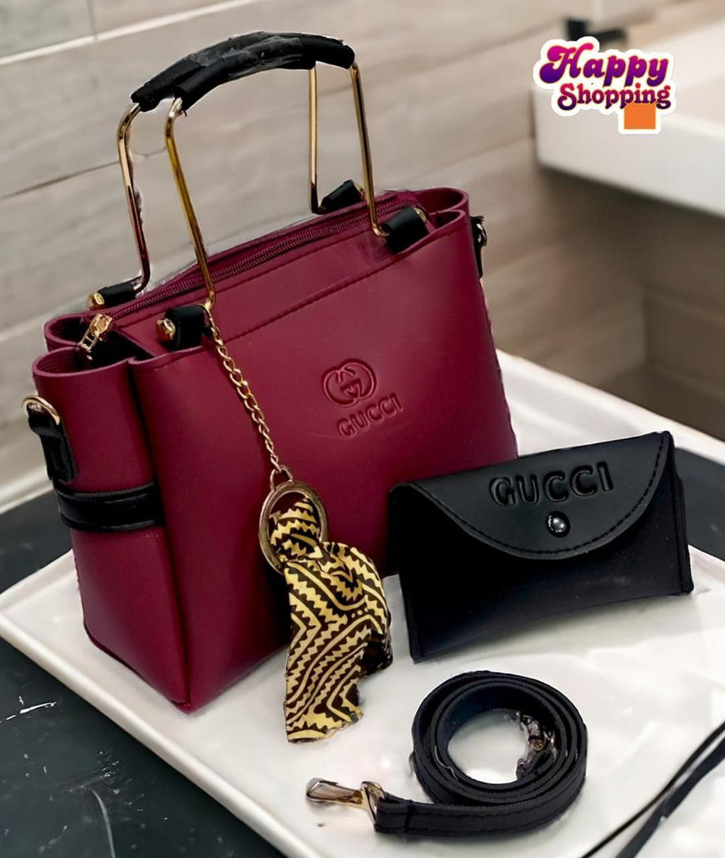 Maroon Rexine Handbag with Detachable Strap & Wallet