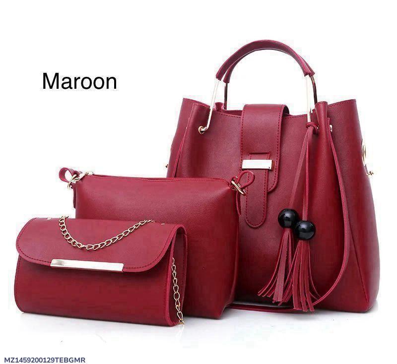 Maroon 3-Piece Rexine Handbag Set for Women