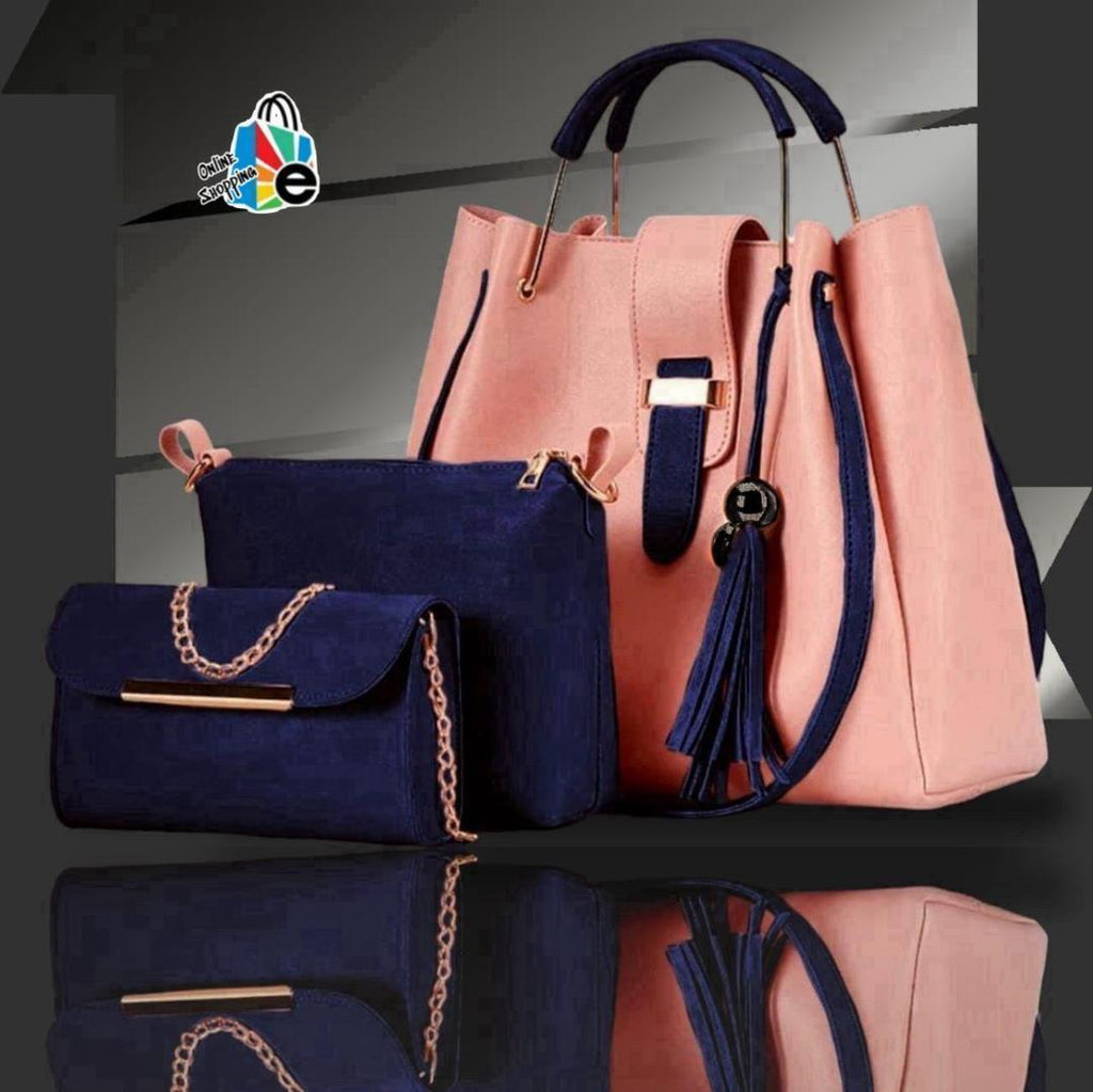 3-Piece Rexine Handbag Set Maroon Black Tassel