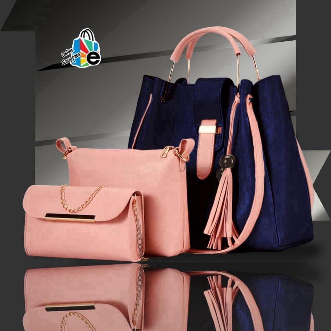 3-Piece Rexine Handbag Set Maroon Black Tassel
